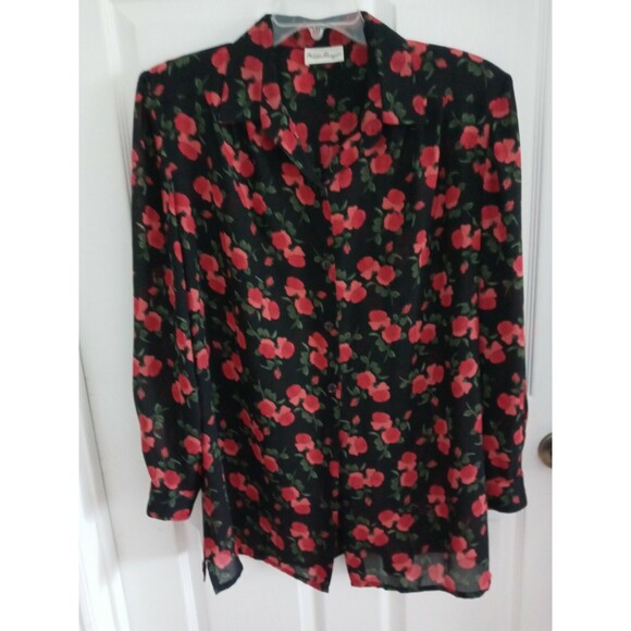 Vintage Philippe Marques red rose print long sleeve button up blouse 18..L10 - Picture 4 of 10
